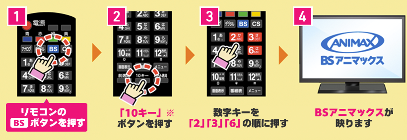1.リモコンのBSボタンを押す 2.「10キー」ボタンを押す 3.数字キーを「2」「3」「6」の順に押す 4.BSアニマックスが映ります